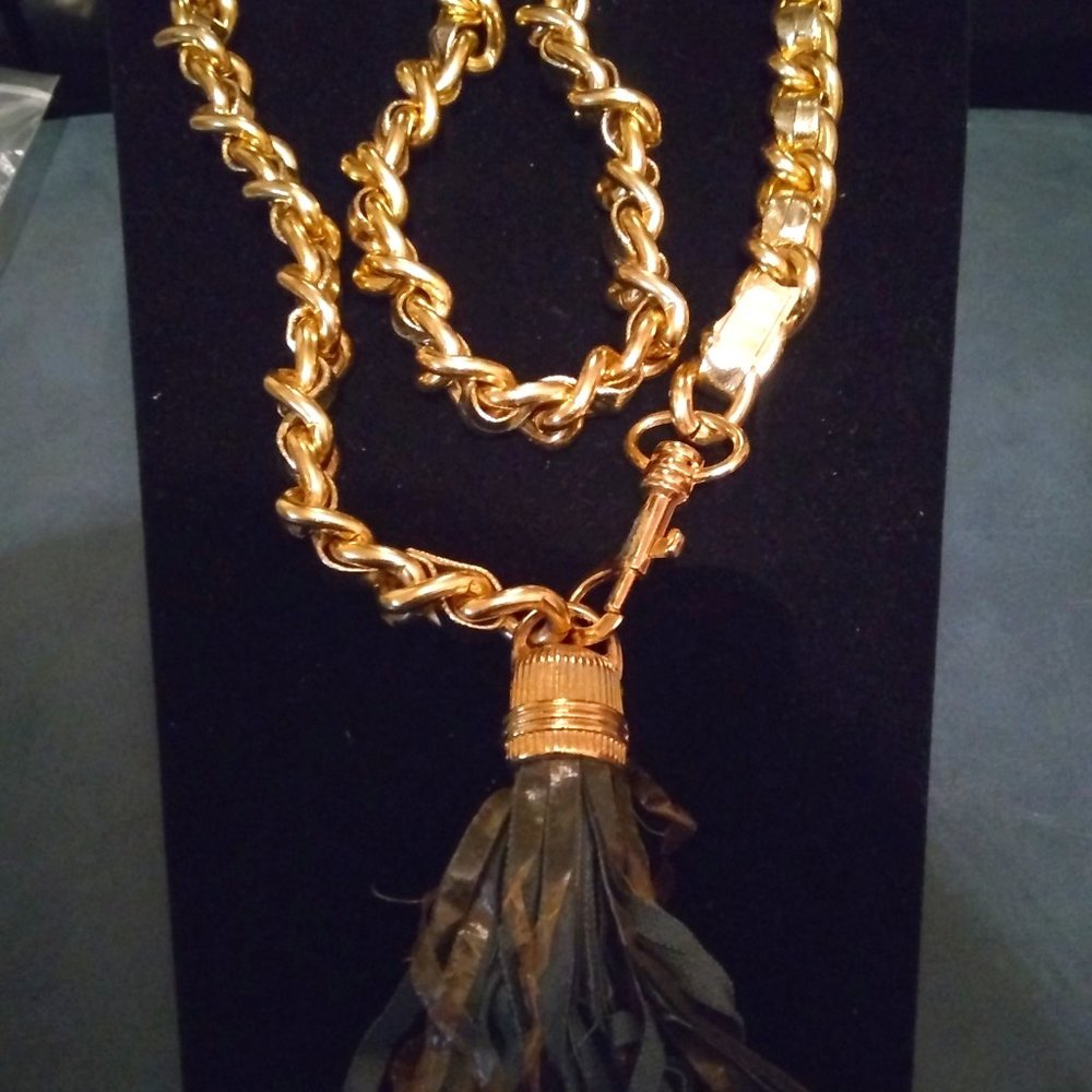 Gold Plated Green Suede  Leather Fan Necklace